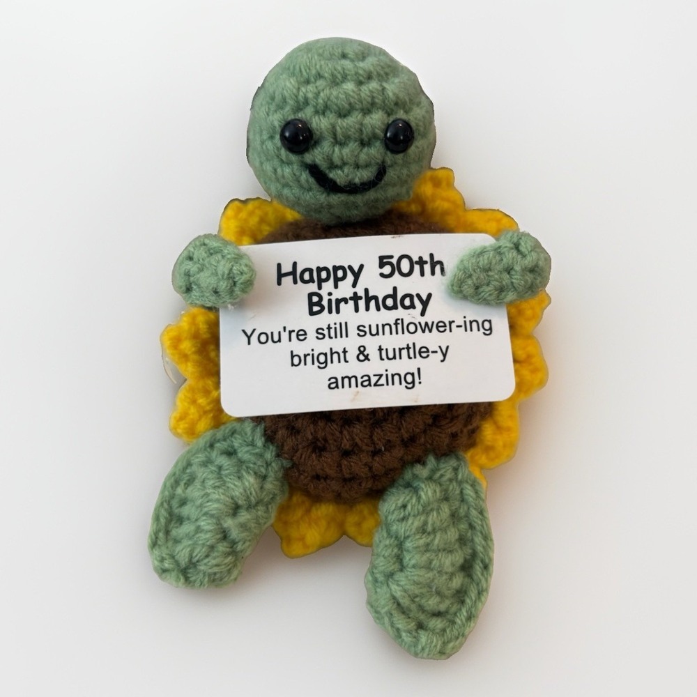 Handmade Crochet Positive Sunflower Turtle 50th Birthday Gift Pocket Hug Doll